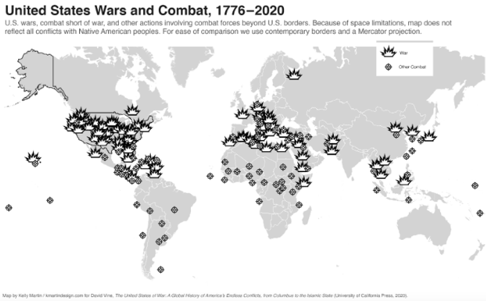 데이비드 바인이 『The United States of War』(2020)에 실은 “1776~2020 미국의 전쟁과 분쟁” - 1776년~2020년 사이에 미국이 국경 바깥에서 참여하거나 일으킨 전쟁 및 분쟁이 지도로 이미지화되어 있다. 공간상의 문제로, 바인은 아메리카 선주민과 벌인 모든 싸움을 표기하지는 않았다.