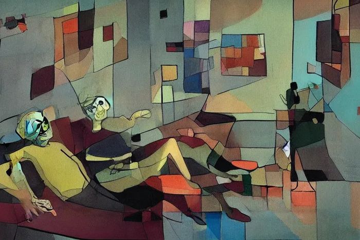old zombie couple on a couch, watching TV, Paul Klee style [AI painting]