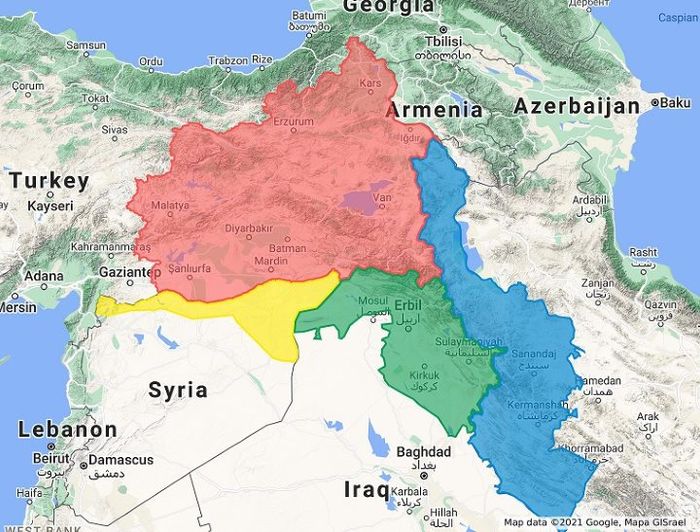 쿠르드족의 생활 범위. 튀르키예 동부, 시리아 북부, 이라크 북부, 이란 서부에 걸쳐있다.