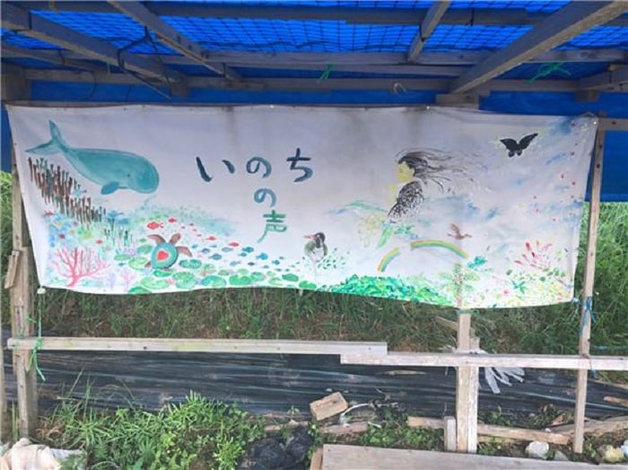 헤노코 기지 건설 반대 농성장에 한 켠에 붙은 오키나와생태를 상징하는 듀공그림 