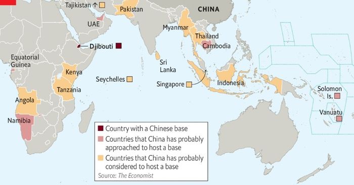 인도태평양 일대의 현재 및 잠정적 중국 군사기지
