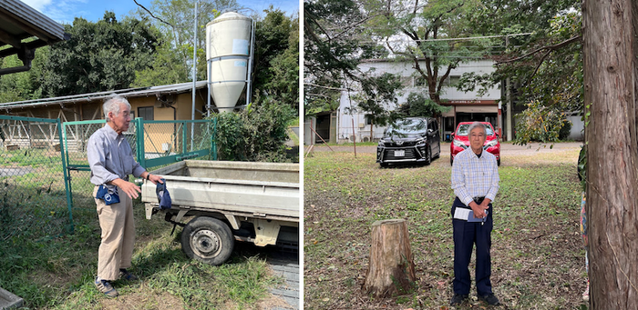 (좌) 양계장 앞에서 설명하는 농장주, (우) 락교공장 앞에서 설명하는 히라가 씨