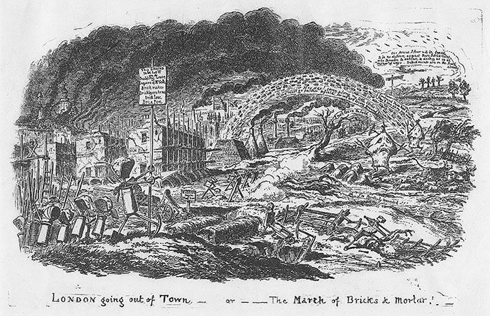 Etching by George Cruikshank of “London Going out of Town, or the March of Bricks and Mortar” (1829)