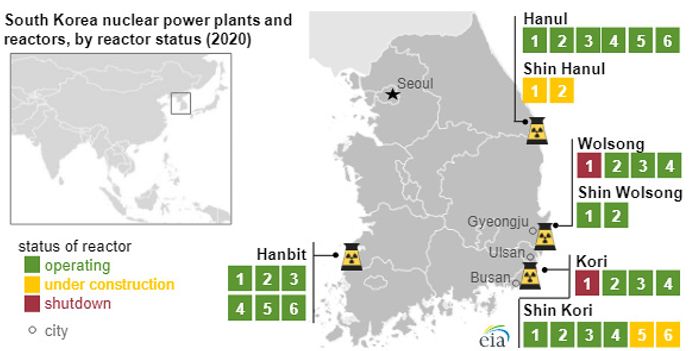 현재 건설 중인 원자력 발전소가 4 곳(노란색), 가동 중인 발전소가 24기(연두색)