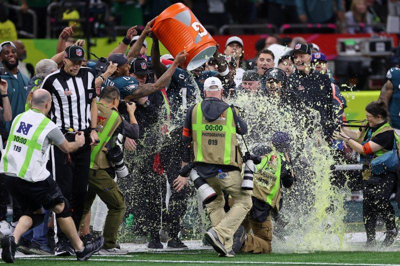 Philadelphia Eagles head coach Nick Sirianni receives a Gatorade shower during Super Bowl LIX.