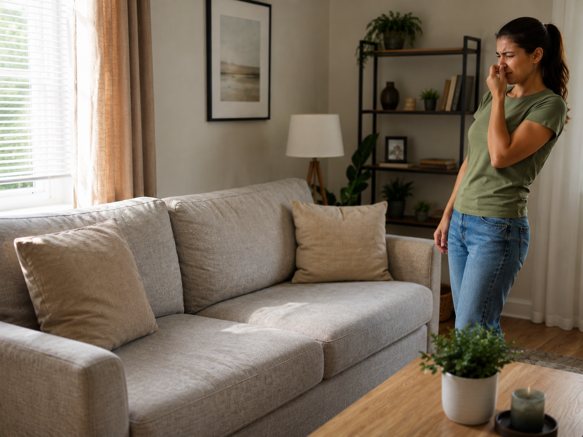 Homeowner inspecting a sofa that may need professional cleaning.