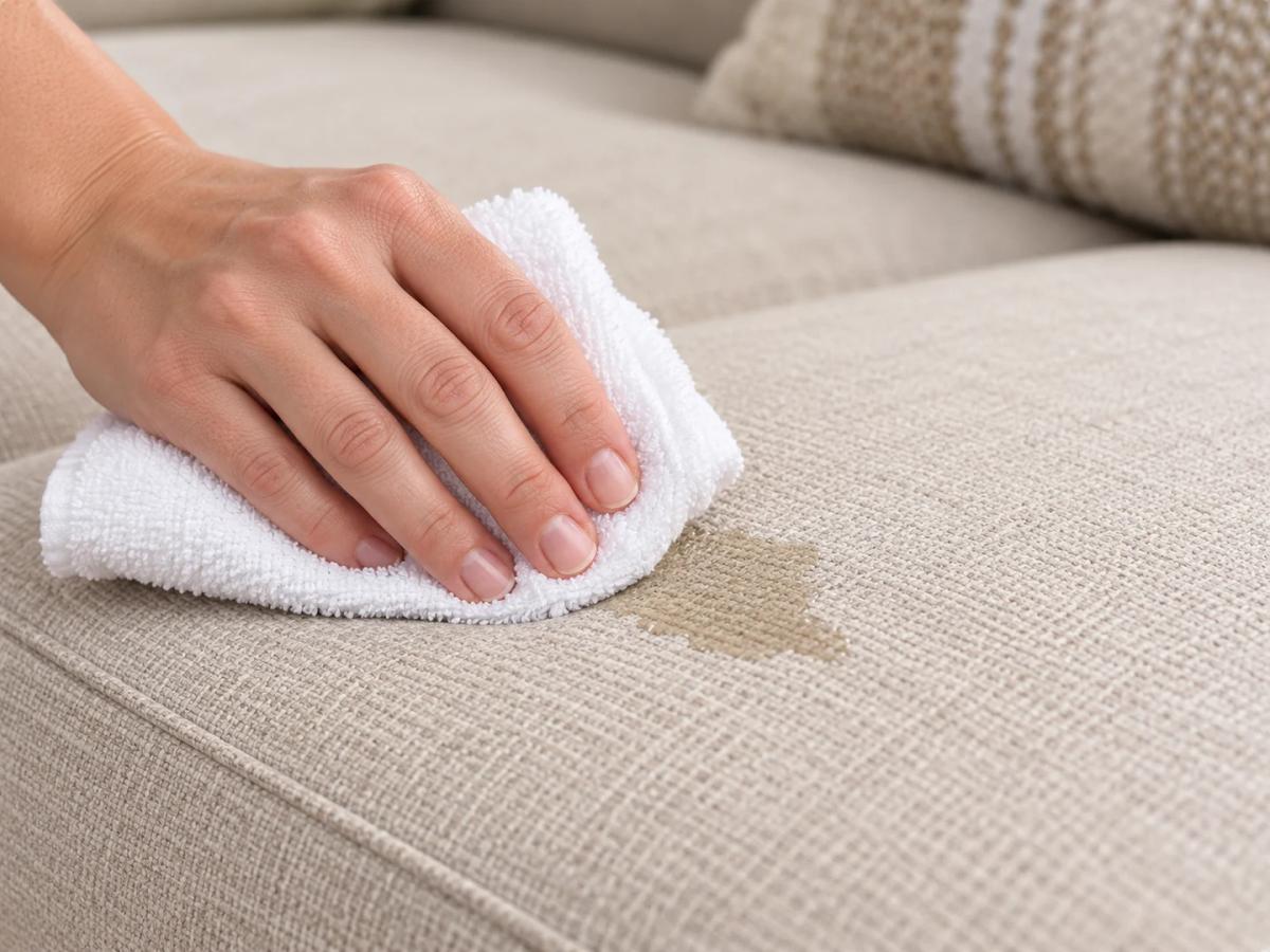 A hand gently blotting a spill on a light sofa with a white towel.
