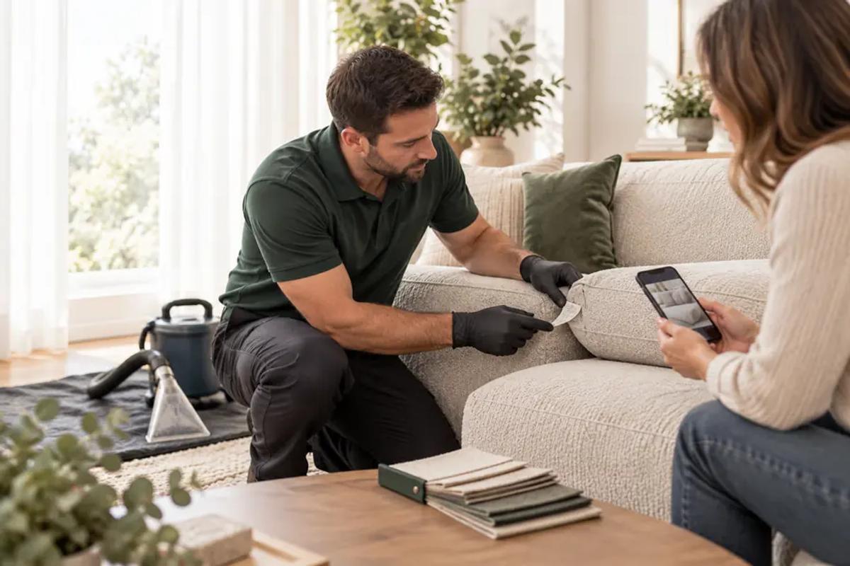 Upholstery cleaning technician inspecting a sofa while a homeowner reviews the furniture on her phone