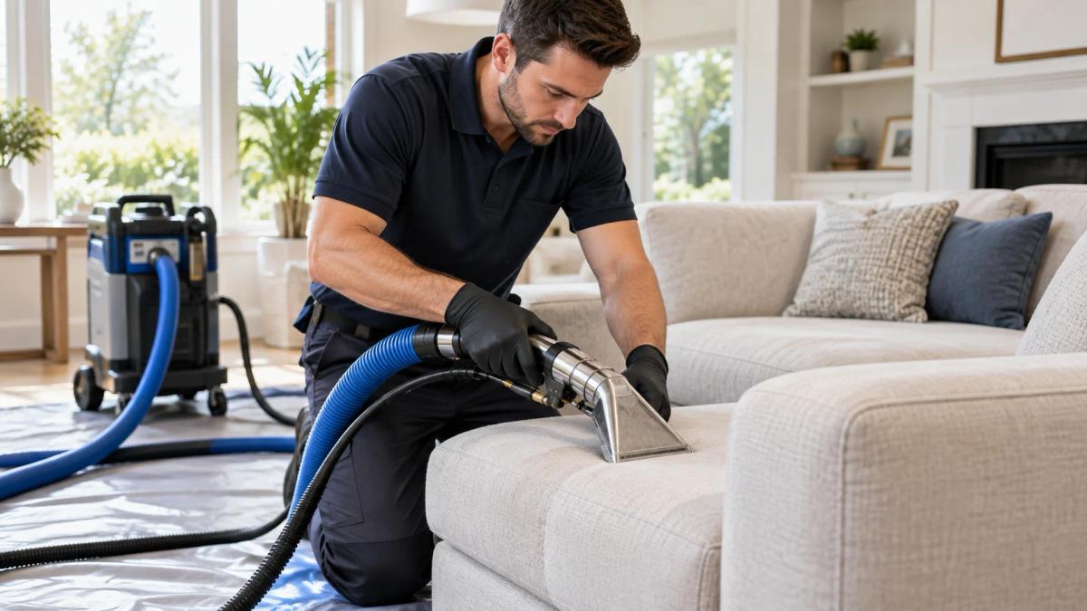 Professional upholstery cleaning technician using an extraction tool on a light-coloured sectional sofa
