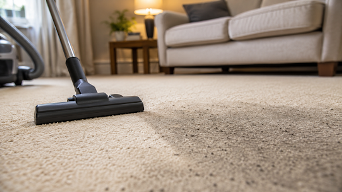 Vacuum cleaner moving across a light carpet in a living room.