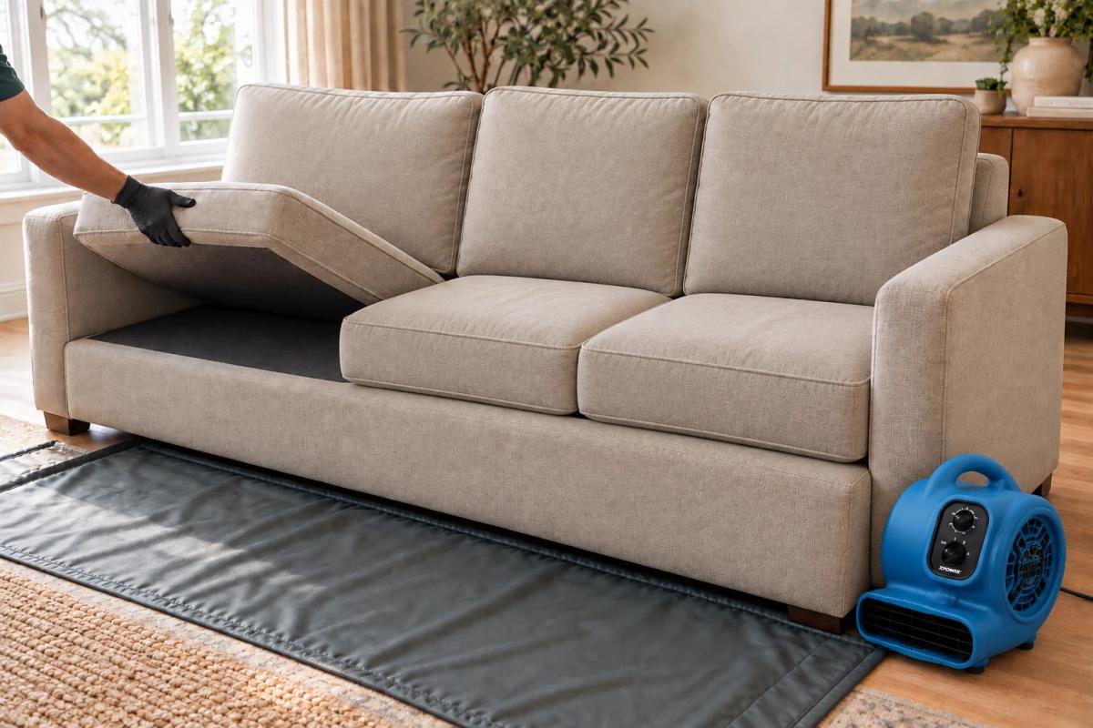 A technician lifting one sofa seat cushion, with two seats in place, floor protection and a compact blue air mover beside the sofa.