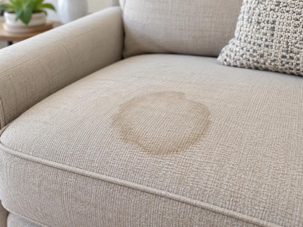 Close view of the seat cushion and woven fabric of a light-coloured sofa.
