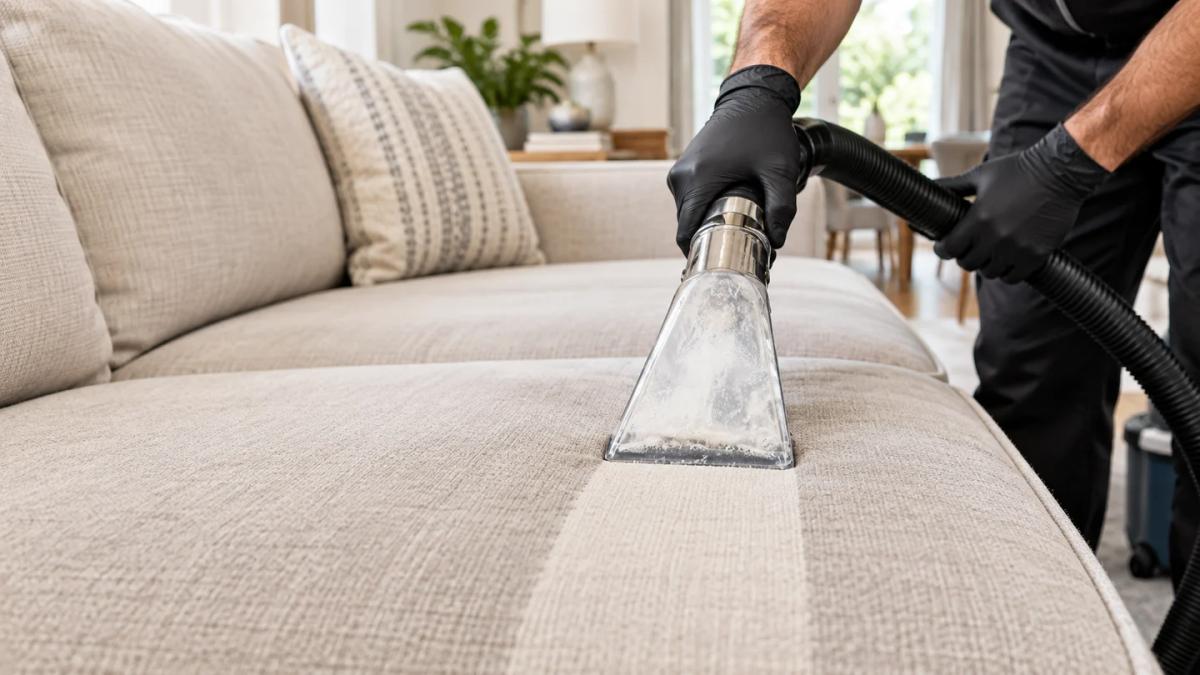 An upholstery extraction tool being used across a light-coloured sofa cushion.
