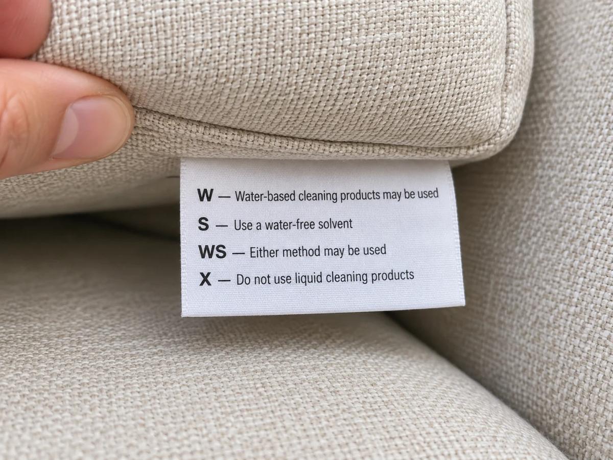 An upholstery care label showing W, S, WS and X cleaning codes.