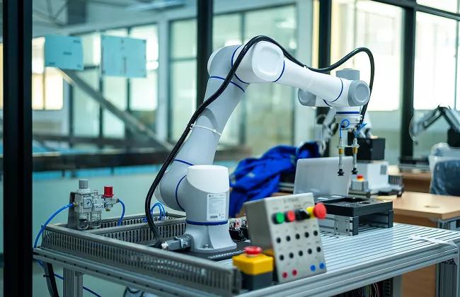 Ein Roboterarm arbeitet auf einer Werkbank in einem Labor- oder Industrieumfeld mit Steuerpulten und elektronischer Ausrüstung.