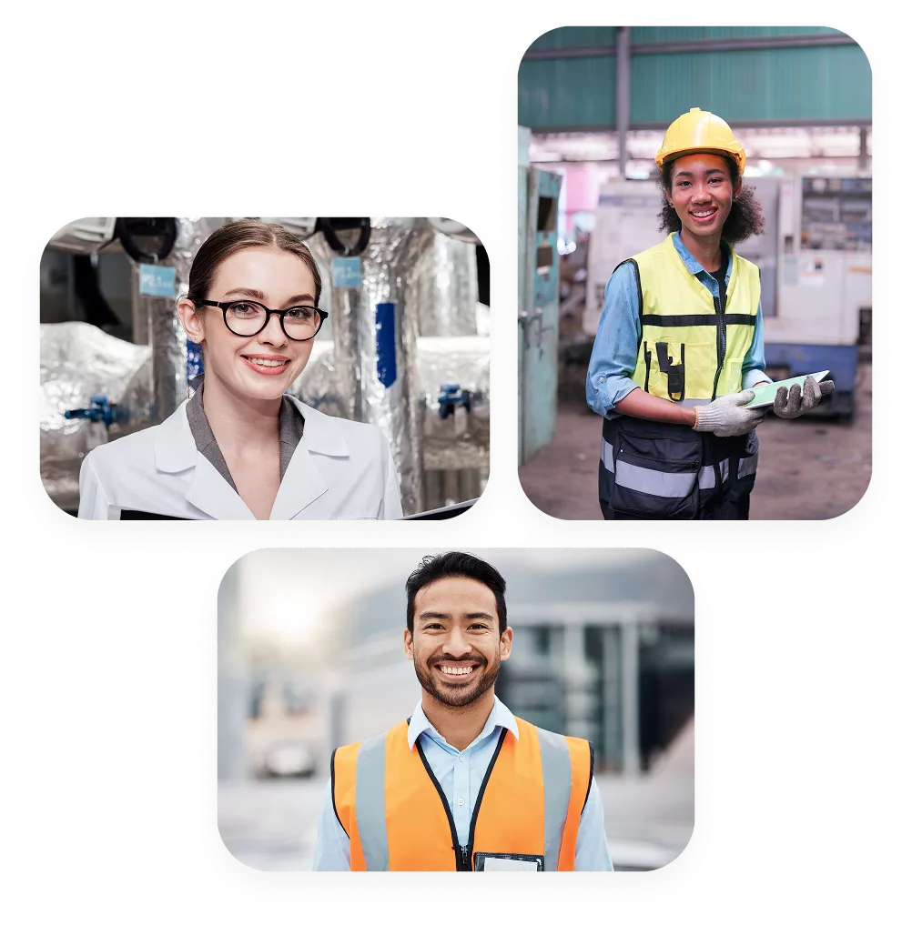 Collage von drei verschiedenen Industriearbeitern, darunter eine Ingenieurin im Laborkittel, eine Fabrikarbeiterin mit Schutzhelm und ein Bauarbeiter mit Sicherheitsweste, alle lächelnd an ihren Arbeitsplätzen.