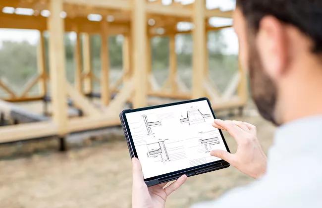 Mann hält ein Tablet mit architektonischen Zeichnungen vor einem im Bau befindlichen Holzhaus.