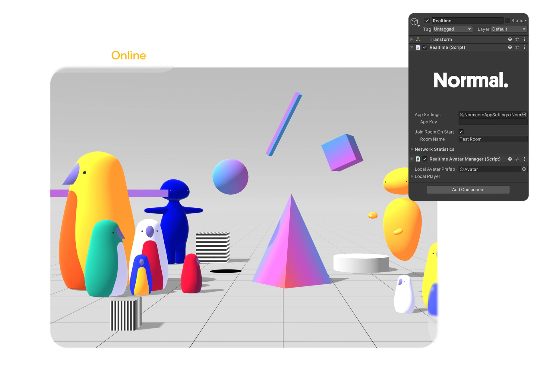 Collage of various Normcore UI elements and a rendered scene of 3D shapes