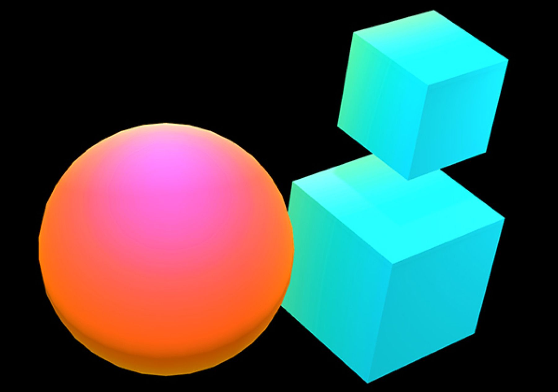 3D cubes and a sphere on a black background