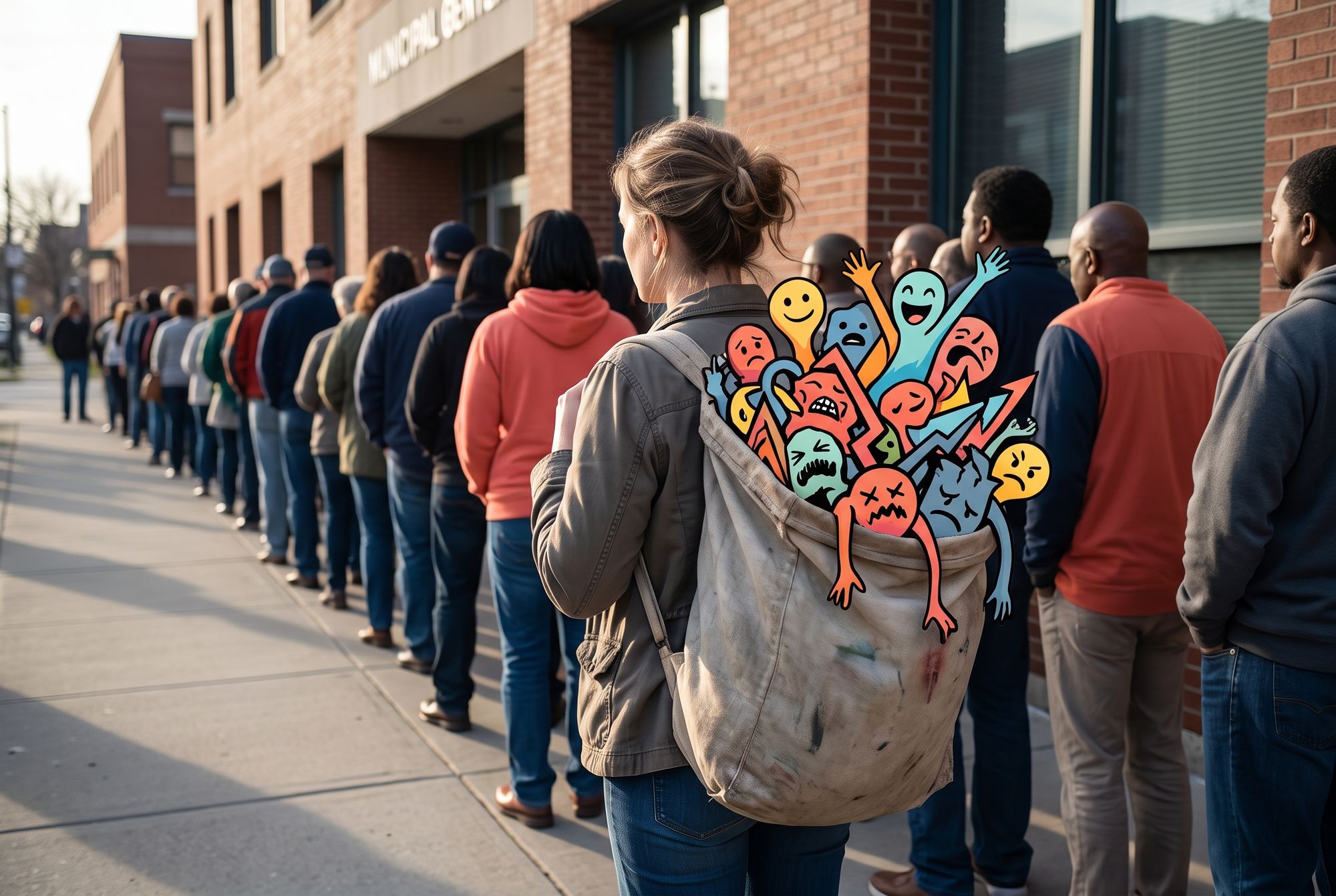 woman in line to vote with a book bag full of illustrated emotions