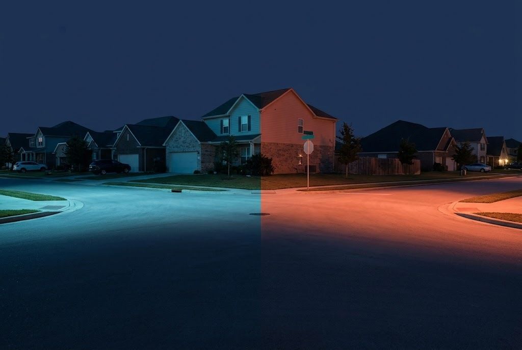 Homes between red and blue lighting