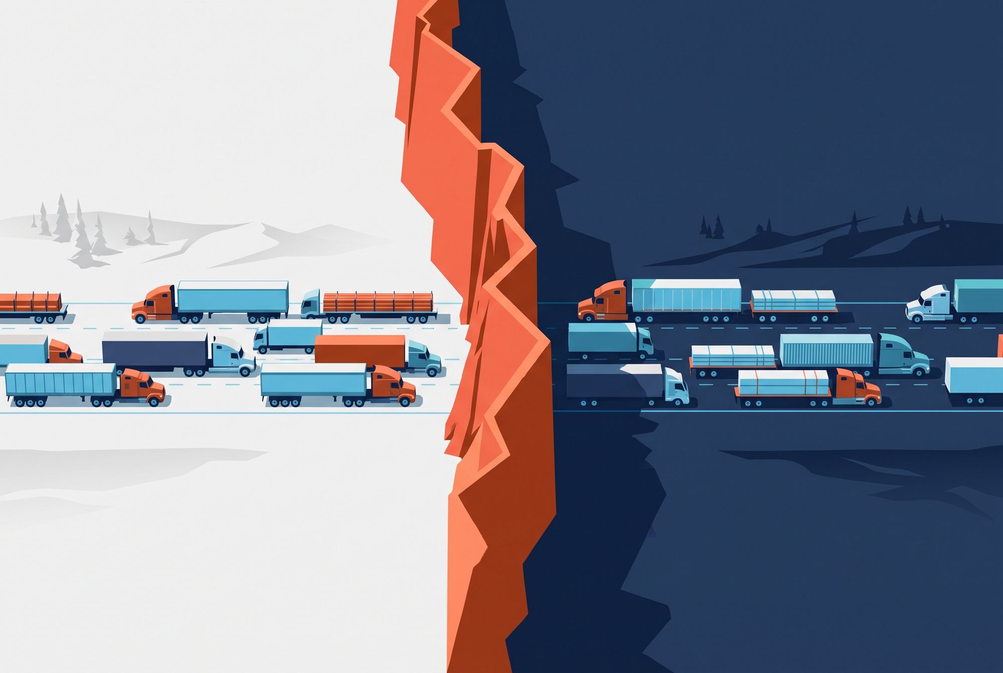 18-wheeler trucks attempting to cross a blocked border