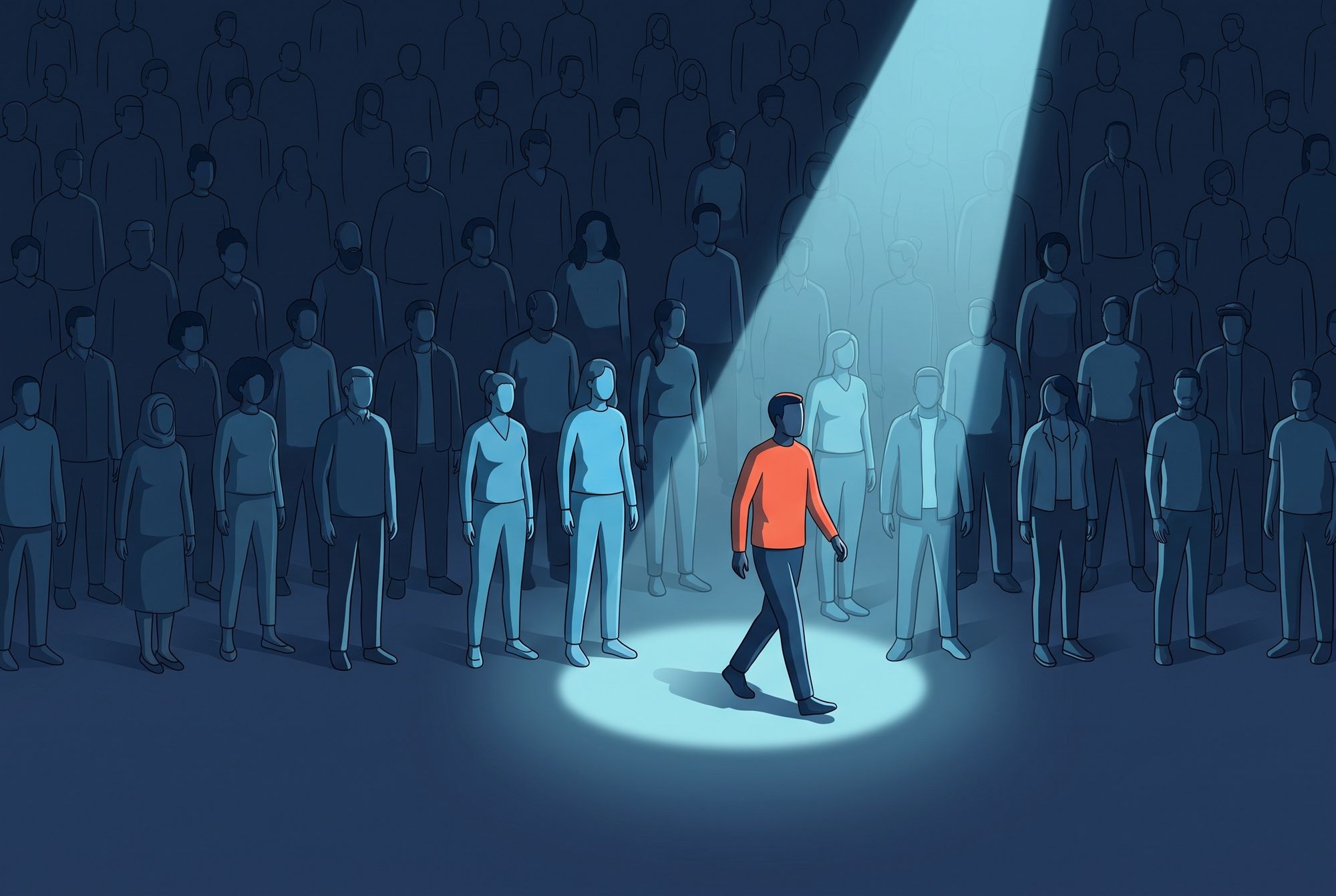 Man standing under light and many people standing behind him
