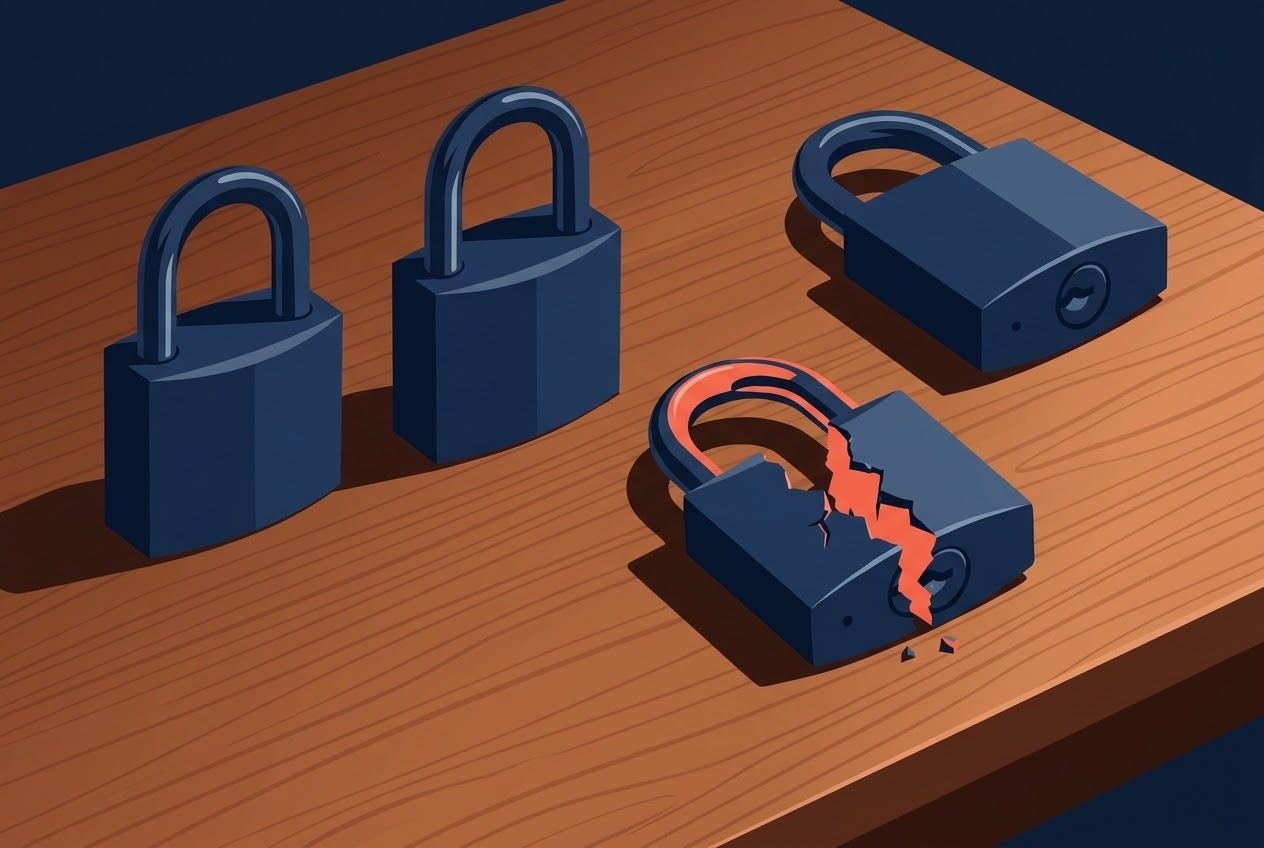 Four locks on a table with one broken