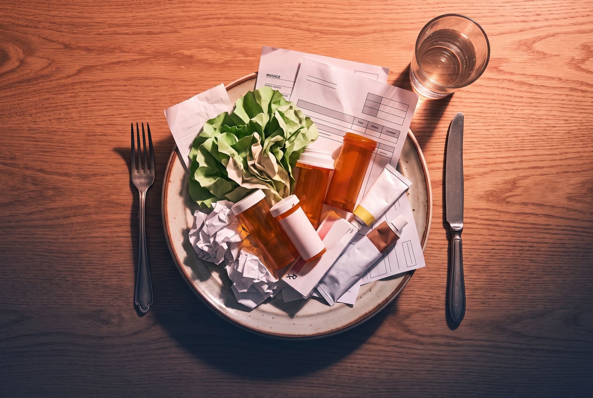 Dinner plate of "food" composed of prescription medicine and medical