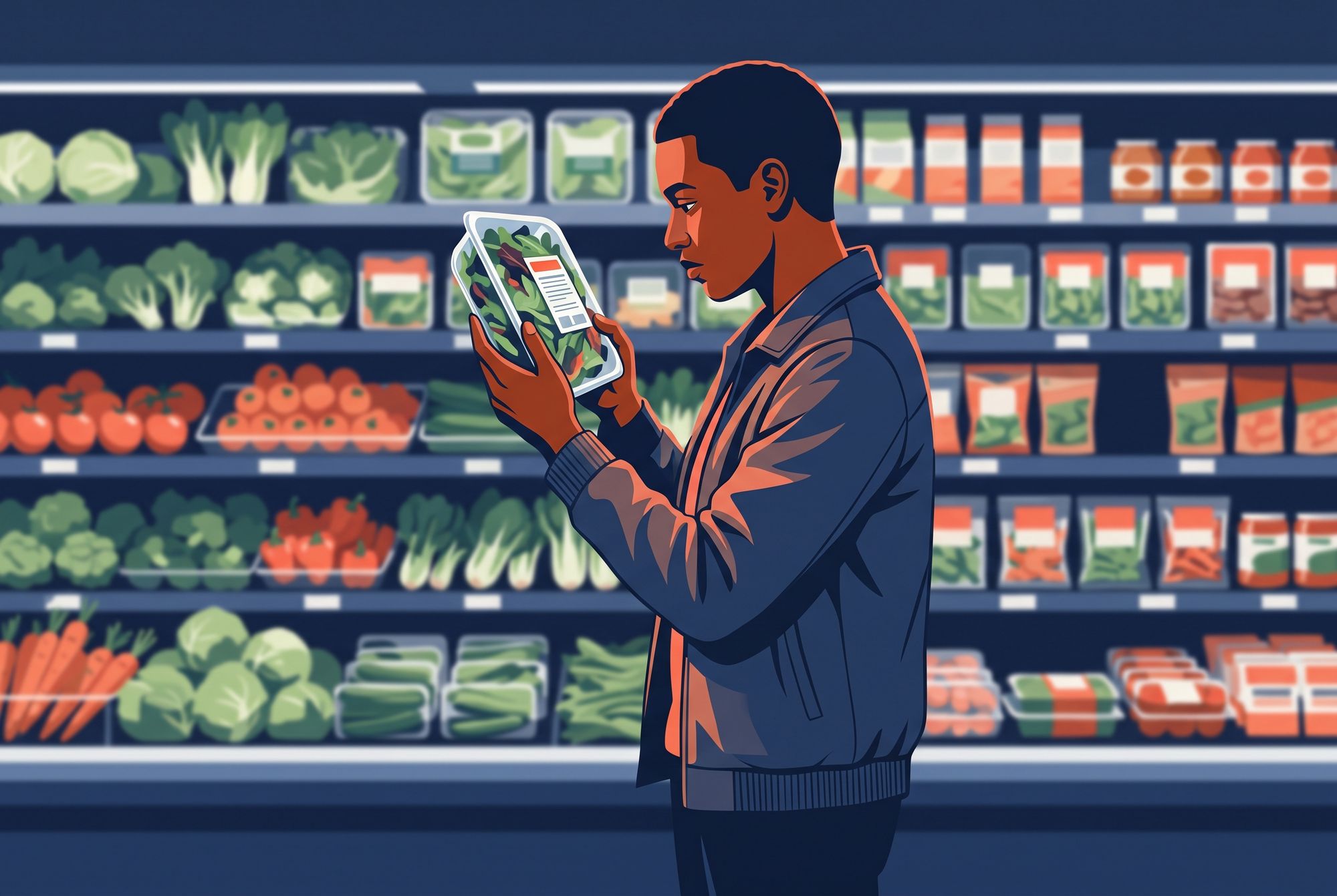 Man holding produce in a grocery store