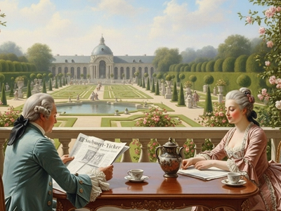 Herrschaftliches Paar im Rokoko-Stil liest den Sachwert-Ticker auf einer Terrasse mit Blick auf einen Barockgarten und Schloss.