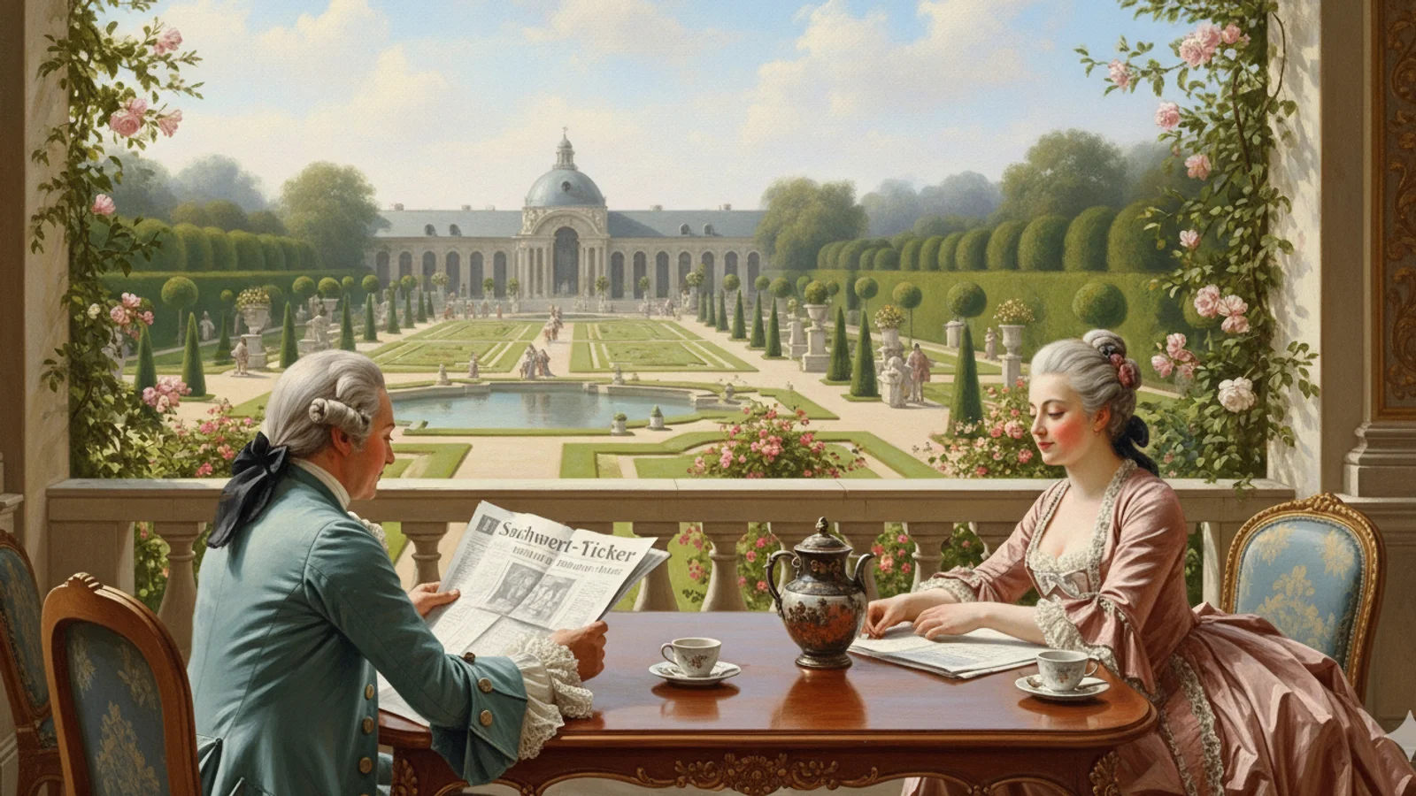 Herrschaftliches Paar im Rokoko-Stil liest den Sachwert-Ticker auf einer Terrasse mit Blick auf einen Barockgarten und Schloss.