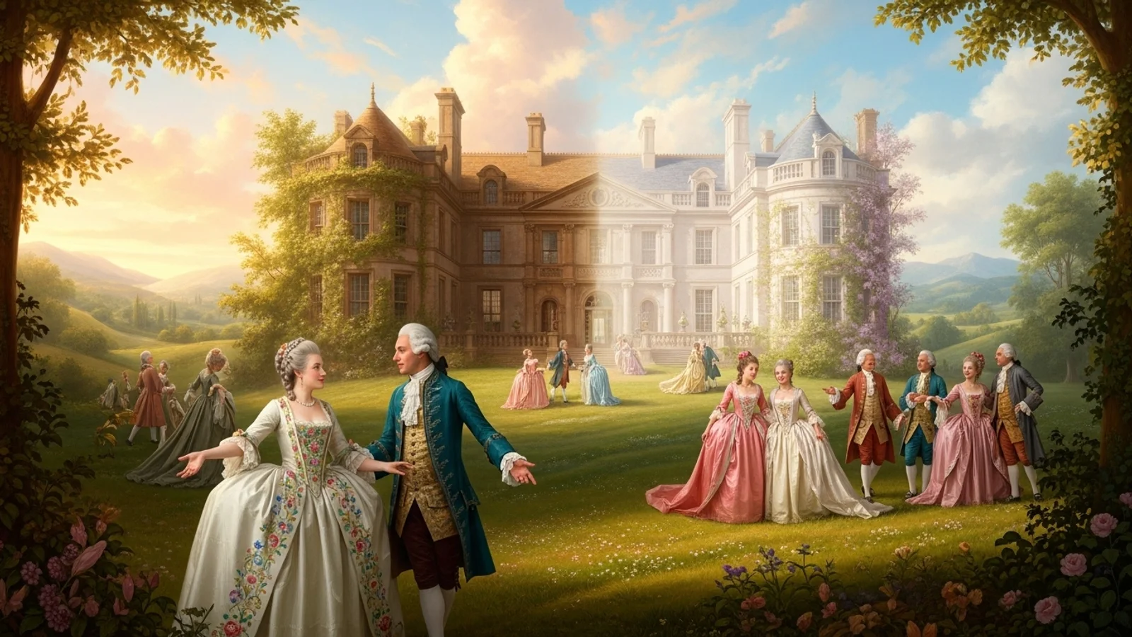 Elegantes Gemälde zeigt Adelige vor einem Herrenhaus in sonniger Landschaft – Symbol für Wohnimmobilien, Bestandsobjekte und Wertsteigerung.