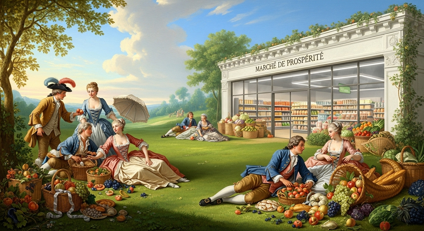 Historisches Gemälde zeigt elegante Menschen beim Picknick vor modernem Supermarkt – Symbol für Wohlstand, Konsum und Nachhaltigkeit.