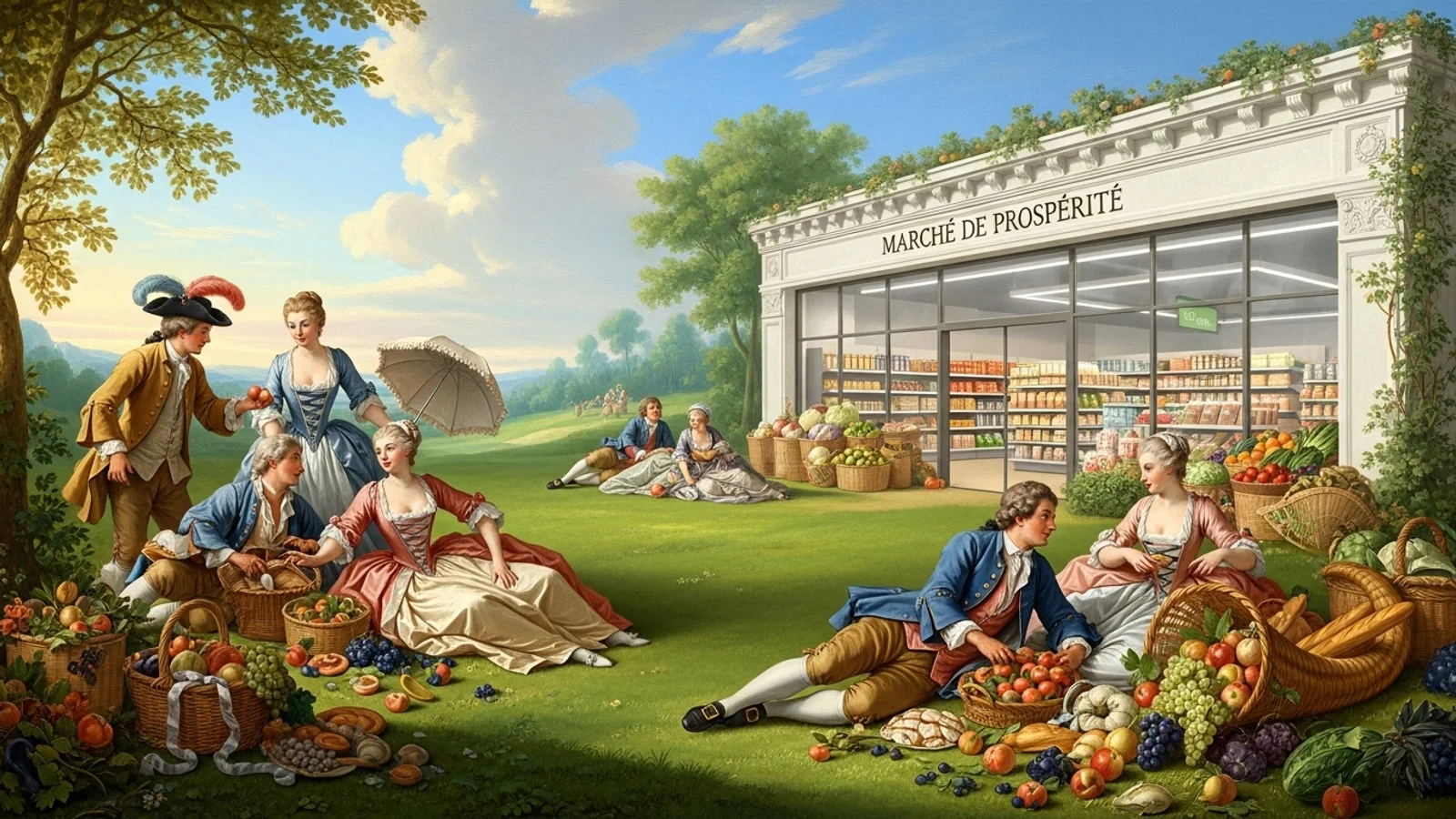 Historisches Gemälde zeigt elegante Menschen beim Picknick vor modernem Supermarkt – Symbol für Wohlstand, Konsum und Nachhaltigkeit.