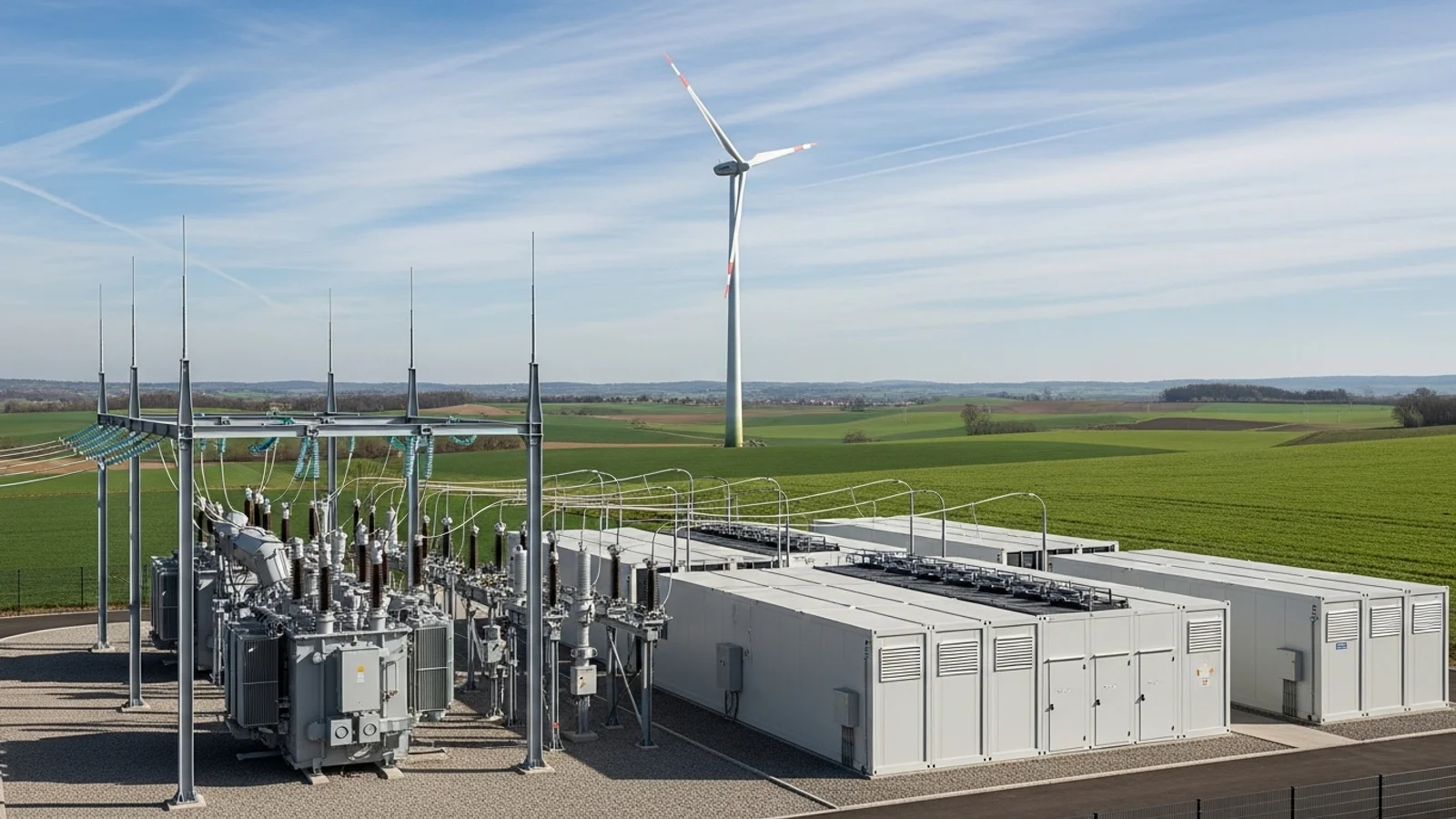 Energiespeichersystem und Umspannwerk zur Integration von Windenergie für Green Bond Investitionen auf einem Feld.