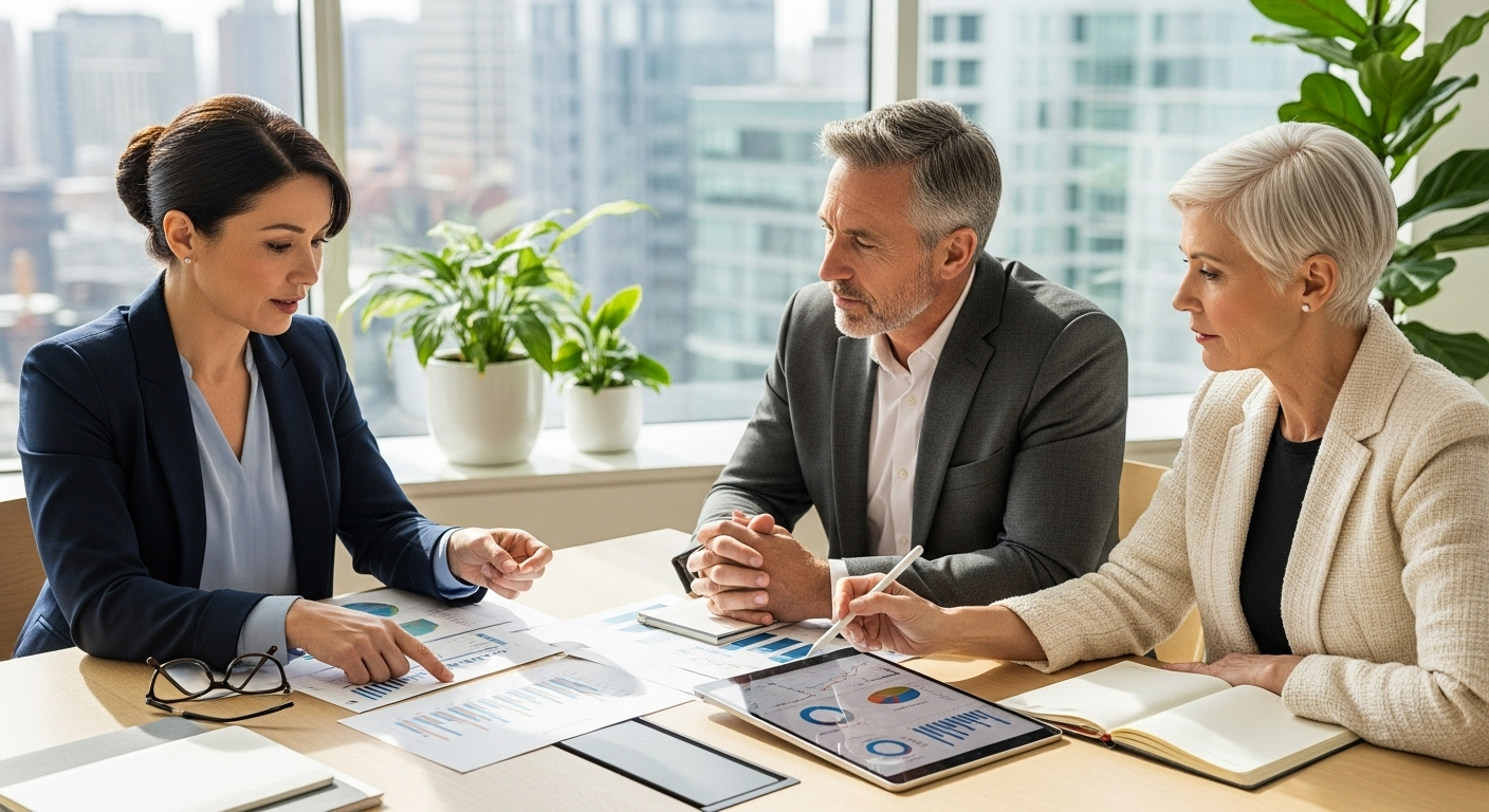 Ein Beratungsgespräch auf Vorstandsebene – professionelle Analyse und strategische Unternehmensbeteiligung.