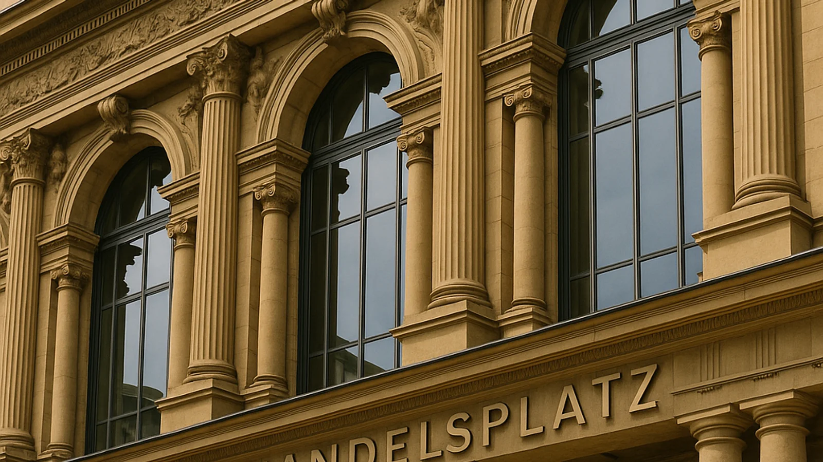 Historisches Börsengebäude mit Schriftzug „Handelsplatz“ – Symbol für Zweitmarkt, Handel und Kapitalströme.