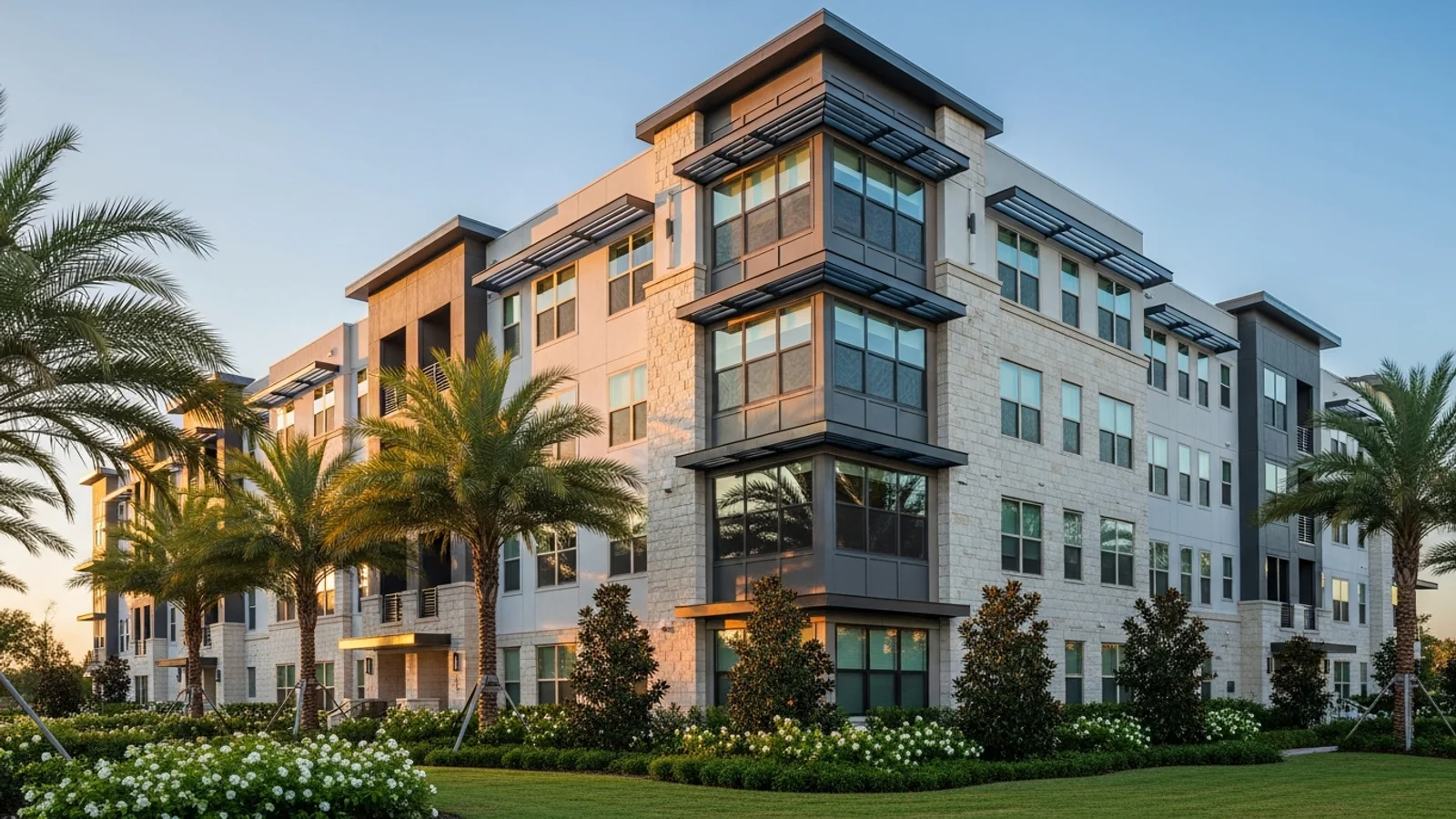 Moderner US Residential Apartmentkomplex mit Palmen im Abendlicht; Pangaea Life Co-Invest Immobilien-Investition.