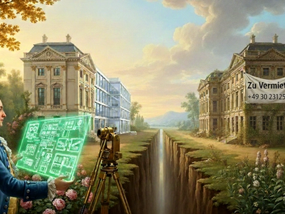 Symbolbild für Value-Add: Ein Planer verwandelt ein 'Brown Discount'-Gebäude (rechts) in ein saniertes Objekt (links).