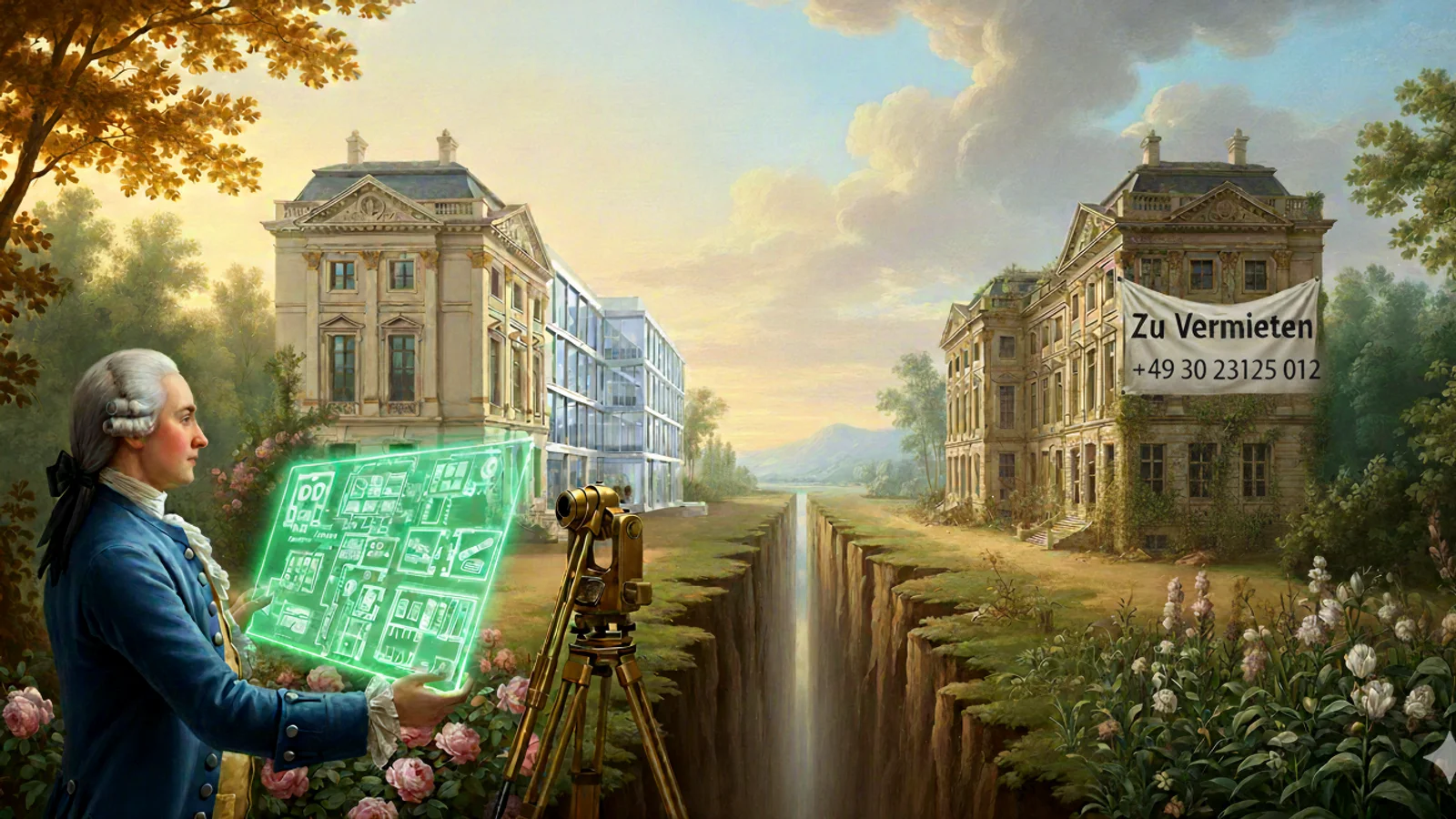 Symbolbild für Value-Add: Ein Planer verwandelt ein 'Brown Discount'-Gebäude (rechts) in ein saniertes Objekt (links).