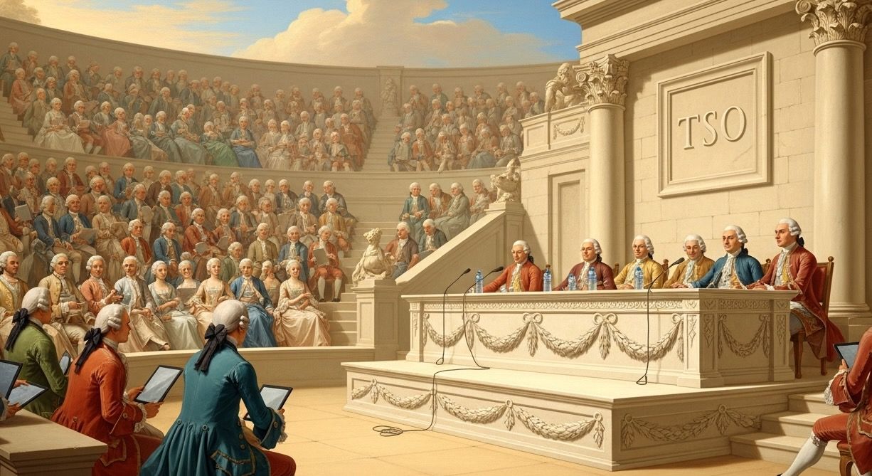 TSO-Gesellschafterversammlung im Amphitheater: Personen in Rokoko-Kleidung halten Tablets & hören dem Podium zu.
