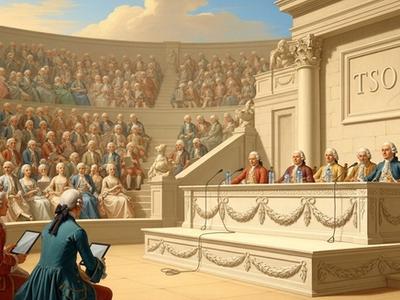 TSO-Gesellschafterversammlung im Amphitheater: Personen in Rokoko-Kleidung halten Tablets & hören dem Podium zu.