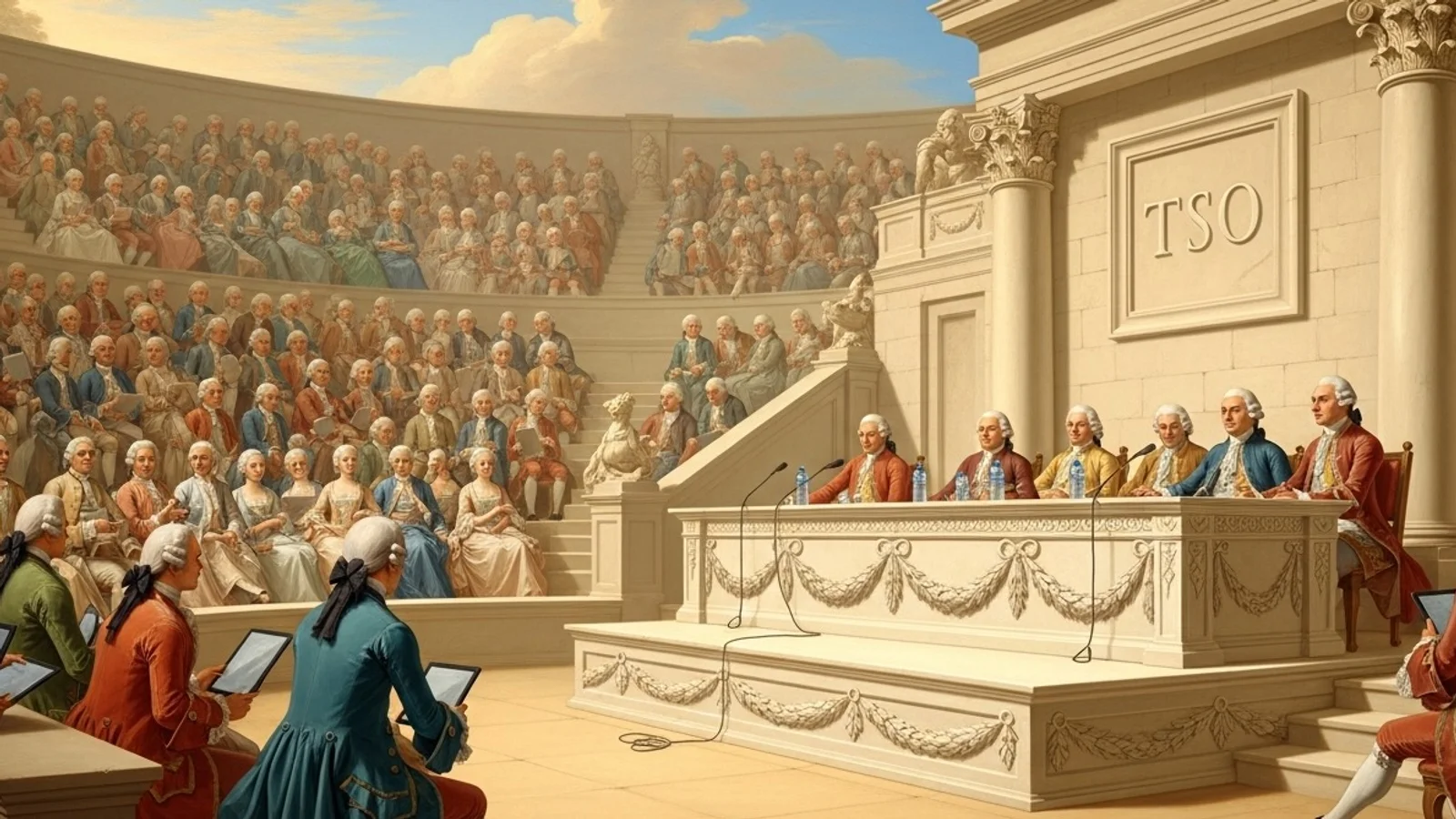 TSO-Gesellschafterversammlung im Amphitheater: Personen in Rokoko-Kleidung halten Tablets & hören dem Podium zu.
