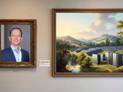 Porträt Dr. Martin Ostgathe (Consilium) neben Gemälde mit Agri-PV und Grün- & Graustromspeicher in einer Landschaft.