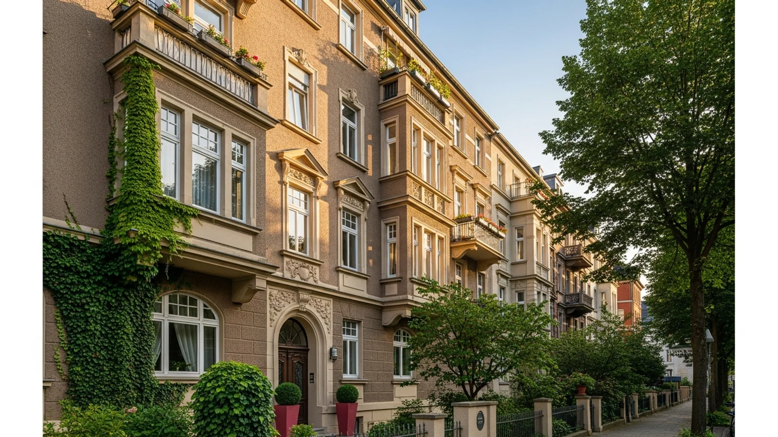 Wunderschöne, sanierte Altbau-Fassade mit Stuck und Efeu, beleuchtet von Abendsonne; Immobilie des WIDe Fonds 10.