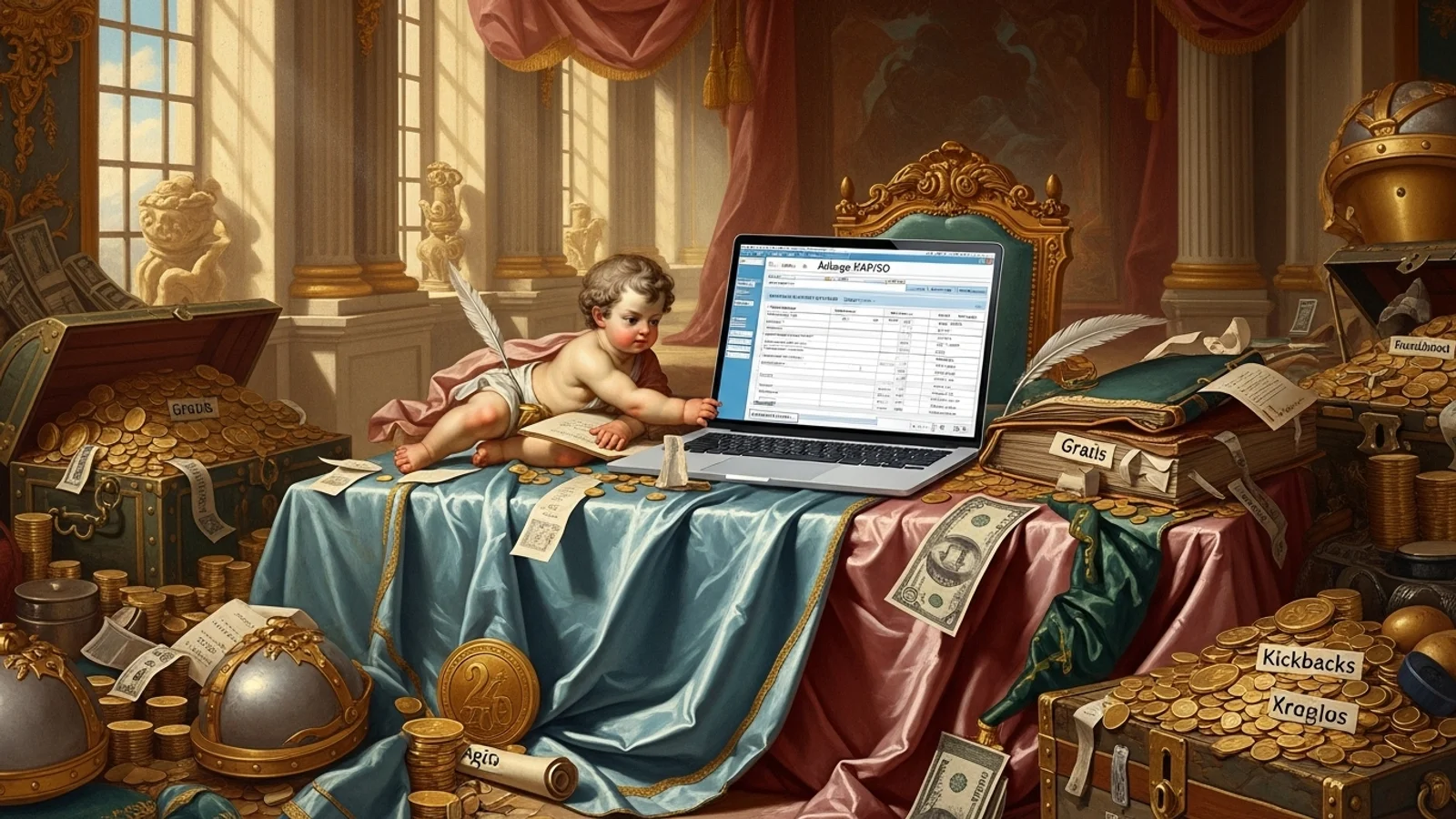 Barockes Gemälde zeigt Putten mit Laptop zwischen Goldmünzen und Büchern – Symbol für Finanzen, Steuern und Kapitalanlagen.