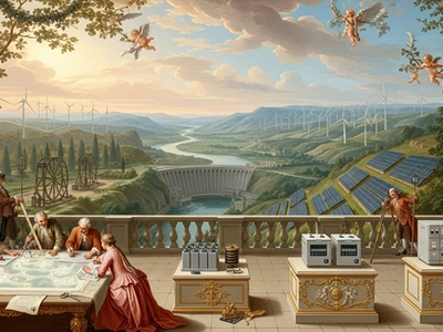 Klassisches Gemälde zeigt Planung moderner Energie mit Windrädern, Solarfeldern und Staudamm – Symbol für Nachhaltigkeit.