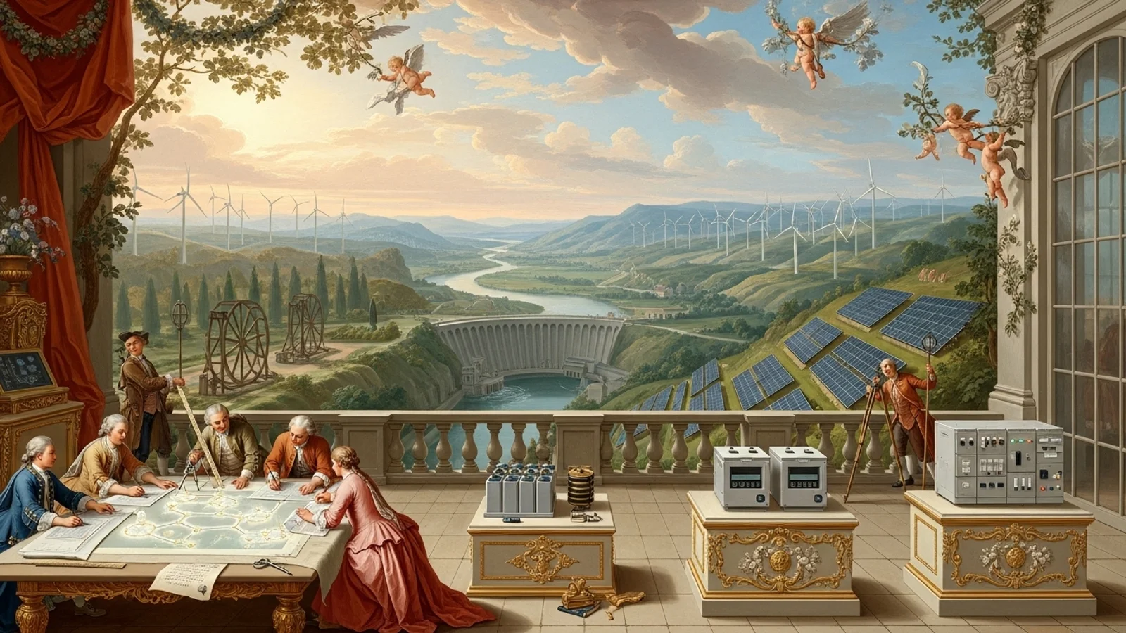 Klassisches Gemälde zeigt Planung moderner Energie mit Windrädern, Solarfeldern und Staudamm – Symbol für Nachhaltigkeit.