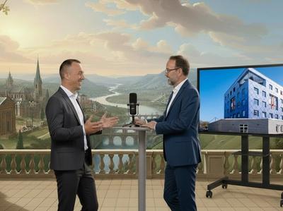 Zwei Geschäftsleute diskutieren Immobilienprojekte vor einer historischen Panoramakulisse und einem Bildschirm mit Gebäudeansicht.